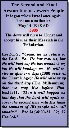 Text Box: The Second and Final Restoration of Jewish PeopleIt began when Israel once again became a nation on May 14, 1948 AD5905The Jews will turn to Christ and accept him as their Messiah in the Tribulation.  Hos.6:1-2, �Come, let us return to the Lord.  For He has torn us, but He will heal us; He has wounded us, but He will bandage us.  He will revive us after two days (2000 years of the Church Age); He will raise us up on the third day (The Millennium), that we may live before Him.  Isa.11:11, �Then it will happen on that day that the Lord will again recover the second time with His hand the remnant of His people who will remain,�  Eze.34;36:20-23, 32; 37  Hos.3:4-5