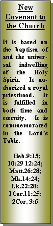 Text Box: New Covenant to the ChurchIt is based on the baptism of and the universal indwelling of the Holy Spirit.  It authorized a royal priesthood.  It is fulfilled in both time and eternity.  It is commemorated in the Lord�s Table.  Heb.9:15; 10:29 12:24; Matt.26:28; Mk.14:24; Lk.22:20; 1Cor.11:25: 2Cor. 3:6