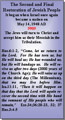 Text Box: The Second and Final Restoration of Jewish PeopleIt began when Israel once again became a nation on May 14, 1948 AD5905The Jews will turn to Christ and accept him as their Messiah in the Tribulation.  Hos.6:1-2, “Come, let us return to the Lord.  For He has torn us, but He will heal us; He has wounded us, but He will bandage us.  He will revive us after two days (2000 years of the Church Age); He will raise us up on the third day (The Millennium), that we may live before Him.  Isa.11:11, “Then it will happen on that day that the Lord will again recover the second time with His hand the remnant of His people who will remain,”  Eze.34;36:20-23, 32; 37  Hos.3:4-5
