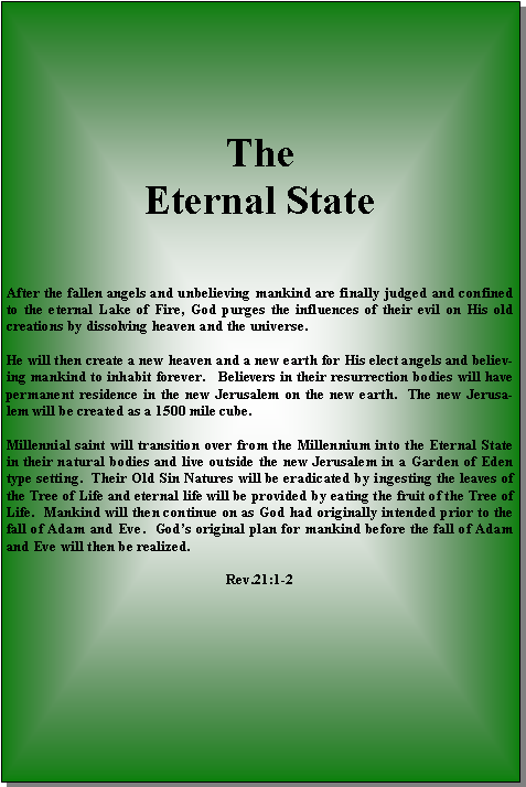 Text Box: The Eternal StateAfter the fallen angels and unbelieving mankind are finally judged and confined to the eternal Lake of Fire, God purges the influences of their evil on His old creations by dissolving heaven and the universe.  He will then create a new heaven and a new earth for His elect angels and believing mankind to inhabit forever.   Believers in their resurrection bodies will have permanent residence in the new Jerusalem on the new earth.  The new Jerusalem will be created as a 1500 mile cube.  Millennial saint will transition over from the Millennium into the Eternal State in their natural bodies and live outside the new Jerusalem in a Garden of Eden type setting.  Their Old Sin Natures will be eradicated by ingesting the leaves of the Tree of Life and eternal life will be provided by eating the fruit of the Tree of Life.  Mankind will then continue on as God had originally intended prior to the fall of Adam and Eve.  God’s original plan for mankind before the fall of Adam and Eve will then be realized. Rev.21:1-2