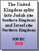Text Box: The United Kingdom splits  into Judah (the Southern Kingdom) and Israel (the Northern Kingdom) 930 BC3028
