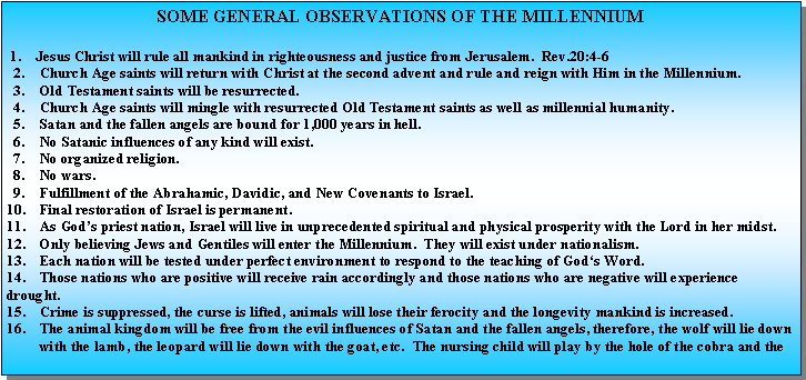 Text Box: SOME GENERAL OBSERVATIONS OF THE MILLENNIUM  1.    Jesus Christ will rule all mankind in righteousness and justice from Jerusalem.  Rev.20:4-6  2.    Church Age saints will return with Christ at the second advent and rule and reign with Him in the Millennium.  3.    Old Testament saints will be resurrected.  4.    Church Age saints will mingle with resurrected Old Testament saints as well as millennial humanity.  5.    Satan and the fallen angels are bound for 1,000 years in hell.  6.    No Satanic influences of any kind will exist.  7.    No organized religion.  8.    No wars.  9.    Fulfillment of the Abrahamic, Davidic, and New Covenants to Israel.10.    Final restoration of Israel is permanent.11.    As God’s priest nation, Israel will live in unprecedented spiritual and physical prosperity with the Lord in her midst.12.    Only believing Jews and Gentiles will enter the Millennium.  They will exist under nationalism. 13.    Each nation will be tested under perfect environment to respond to the teaching of God‘s Word.14.    Those nations who are positive will receive rain accordingly and those nations who are negative will experience drought.15.    Crime is suppressed, the curse is lifted, animals will lose their ferocity and the longevity mankind is increased.16.    The animal kingdom will be free from the evil influences of Satan and the fallen angels, therefore, the wolf will lie down         with the lamb, the leopard will lie down with the goat, etc.  The nursing child will play by the hole of the cobra and the 
